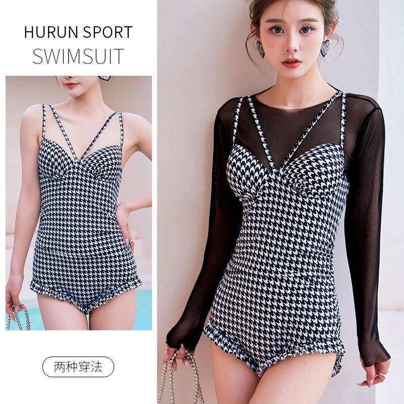 泳衣女ins连体三角长袖网纱两件套比基尼性感聚拢遮肚 温泉游泳装