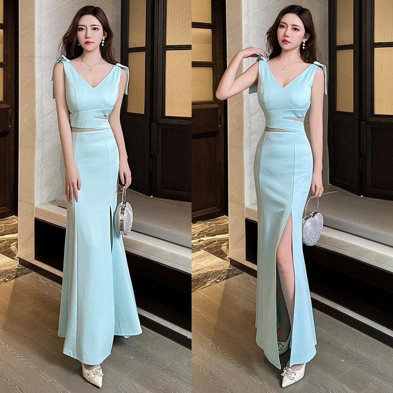 晚礼服女修身长款简洁显瘦高端夜店沐足SPA工作服长连衣裙深V性感
