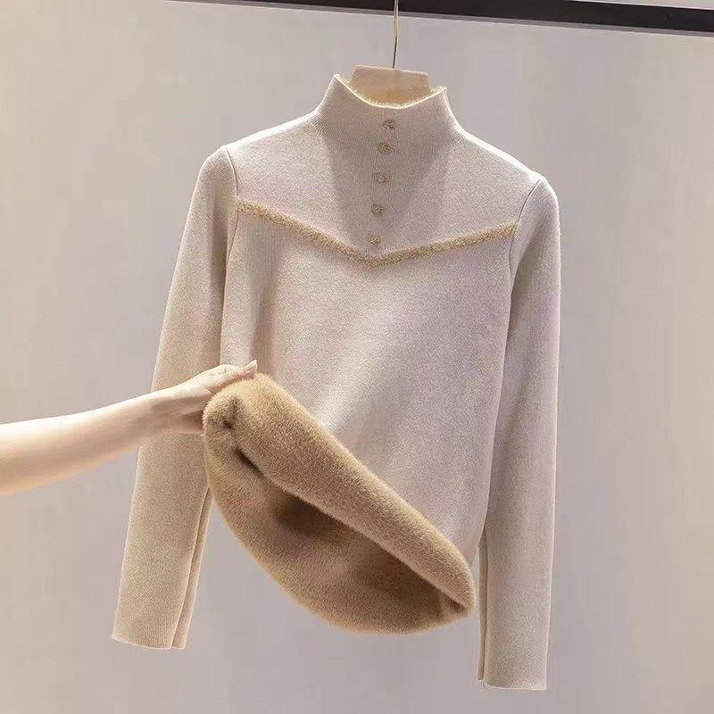 2025年秋冬新款一体绒毛衣女半高领加绒打底针织衫内搭保暖上衣厚