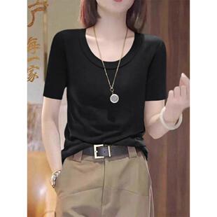 高级感黑色低圆领修身短袖t恤针织衫女夏季韩系穿搭显瘦薄款上衣