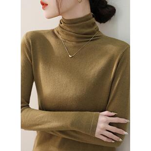 淡棕色秋冬季新款黑色长袖针织衫女纯色内搭上衣女堆堆领修身毛衣