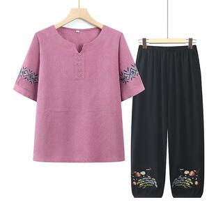 妈妈装夏季短袖套装上衣中老年人印花宽松休闲舒适女款两件套衣服