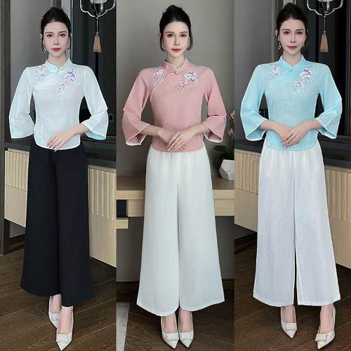 秋冬新款中式改良套装美容师工作服茶艺师优雅气质阔腿裤套装1397