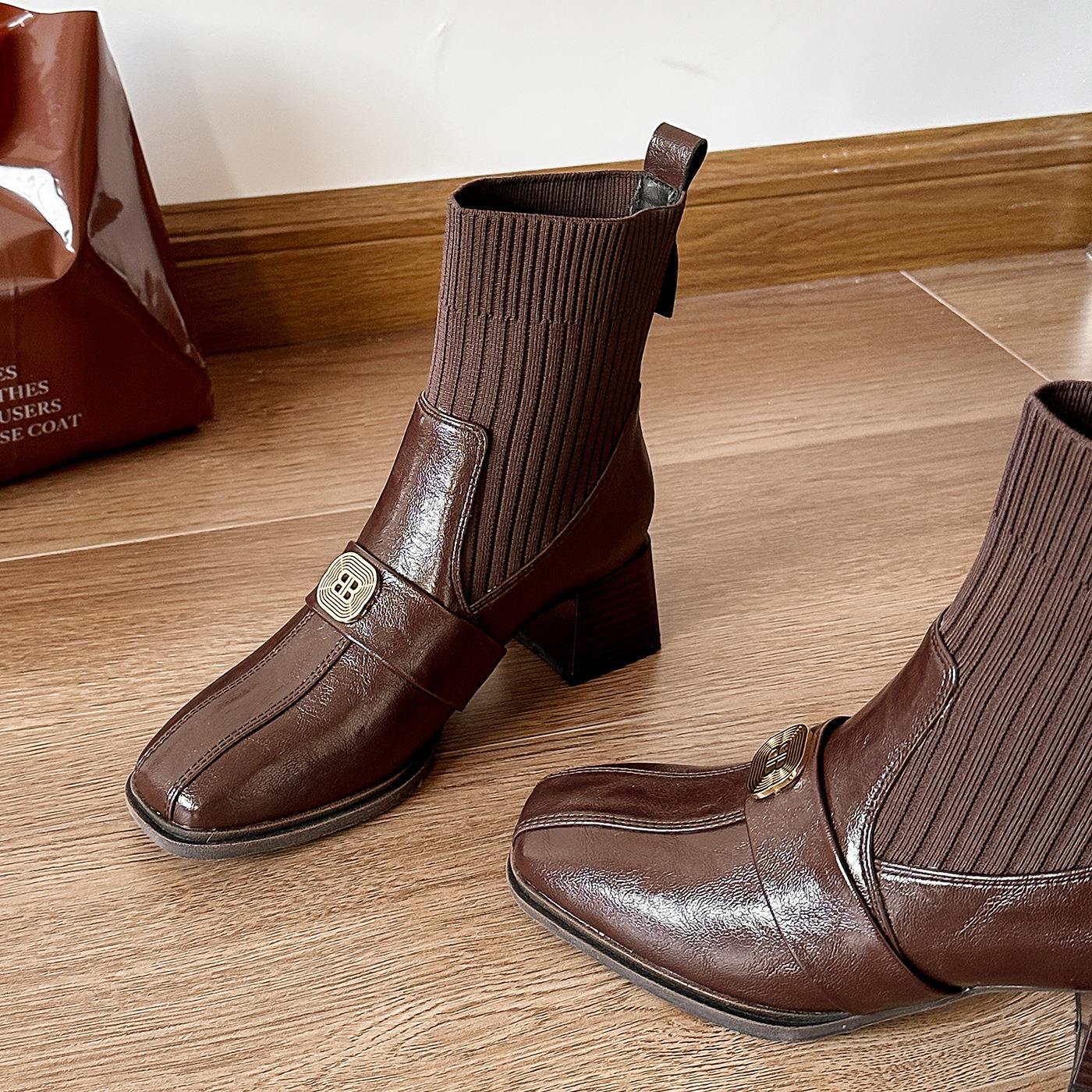 方头针织弹力袜靴粗跟瘦瘦靴2025新款秋冬中筒靴子法式中跟小短靴