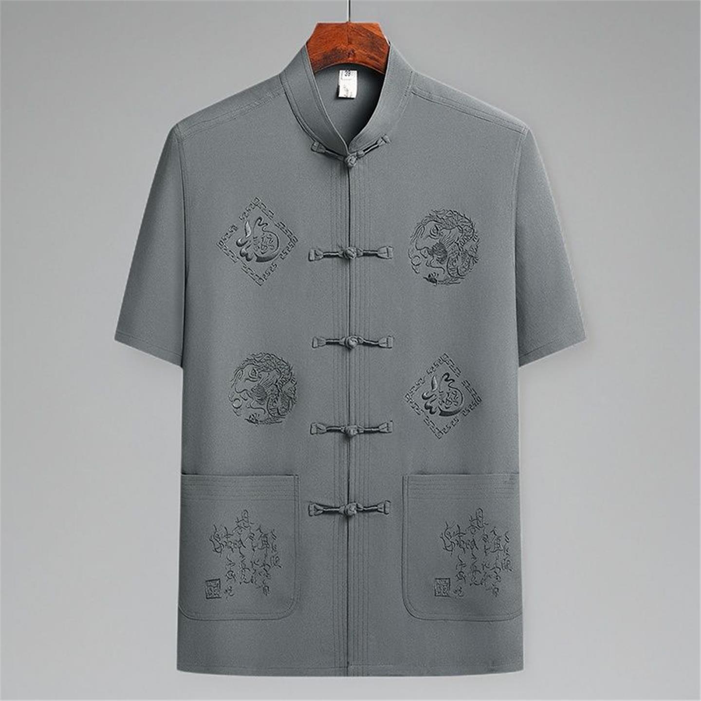 夏季男士短袖爸爸衬衫中国风冰丝爷爷老人衣服夏装中老年唐装汉服