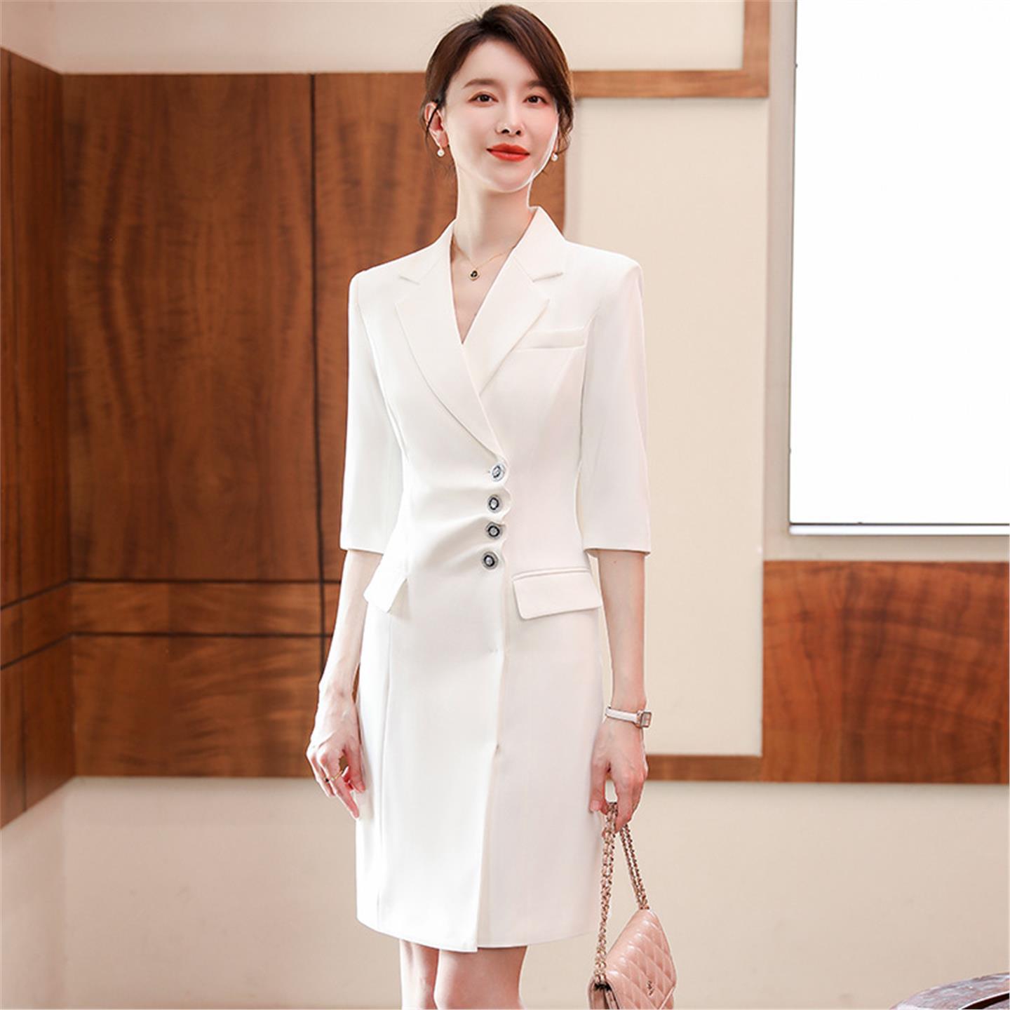 职业西装连衣裙女2025夏季新款薄款气质正式场合白色长裙面试裙子