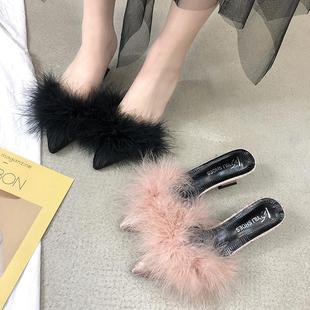 女夏 女外穿低跟半拖穆勒鞋 2025春新款 高级感毛毛尖头粗跟包头拖鞋