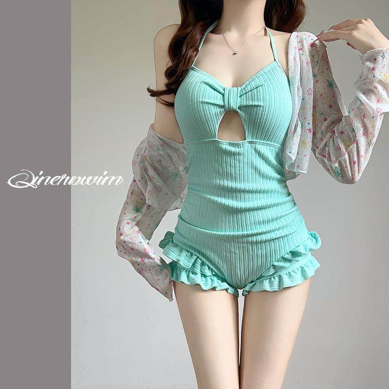 泳衣女款连体纯色两件套长袖罩衫少女学生保守遮肉泡温泉泳衣