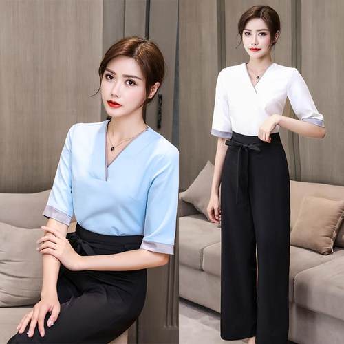 2025新款夏美容院美容师足浴足疗技师工作服 养生会所套装工衣女