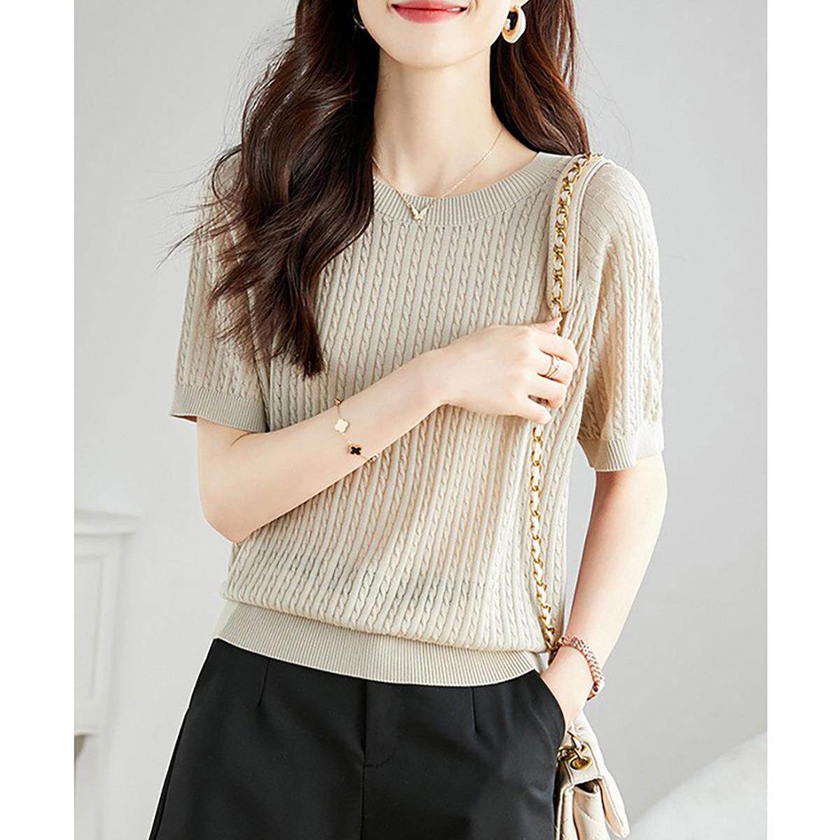 夏季薄款高级感绞花纹理短袖ｔ恤法式圆领冰丝针织衫女装显瘦上衣