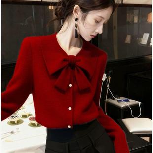 高级感御姐风短款时尚减龄针织开衫秋冬新款红色蝴蝶结翻领毛衣女