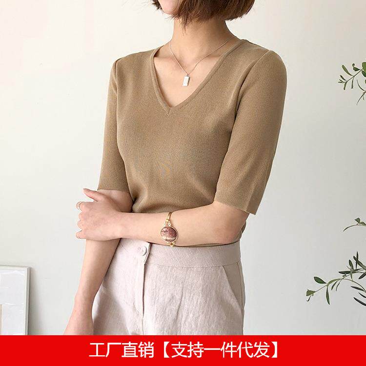 冰丝针织衫短袖t恤女夏装2025新款修身V领纯色显瘦短款上衣女薄款