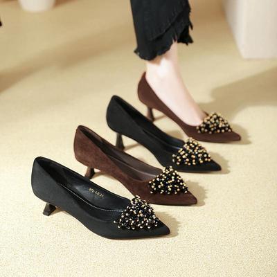 尖头气质高跟鞋女细跟2025秋季新款惠州女鞋黑色绒面中跟浅口单鞋