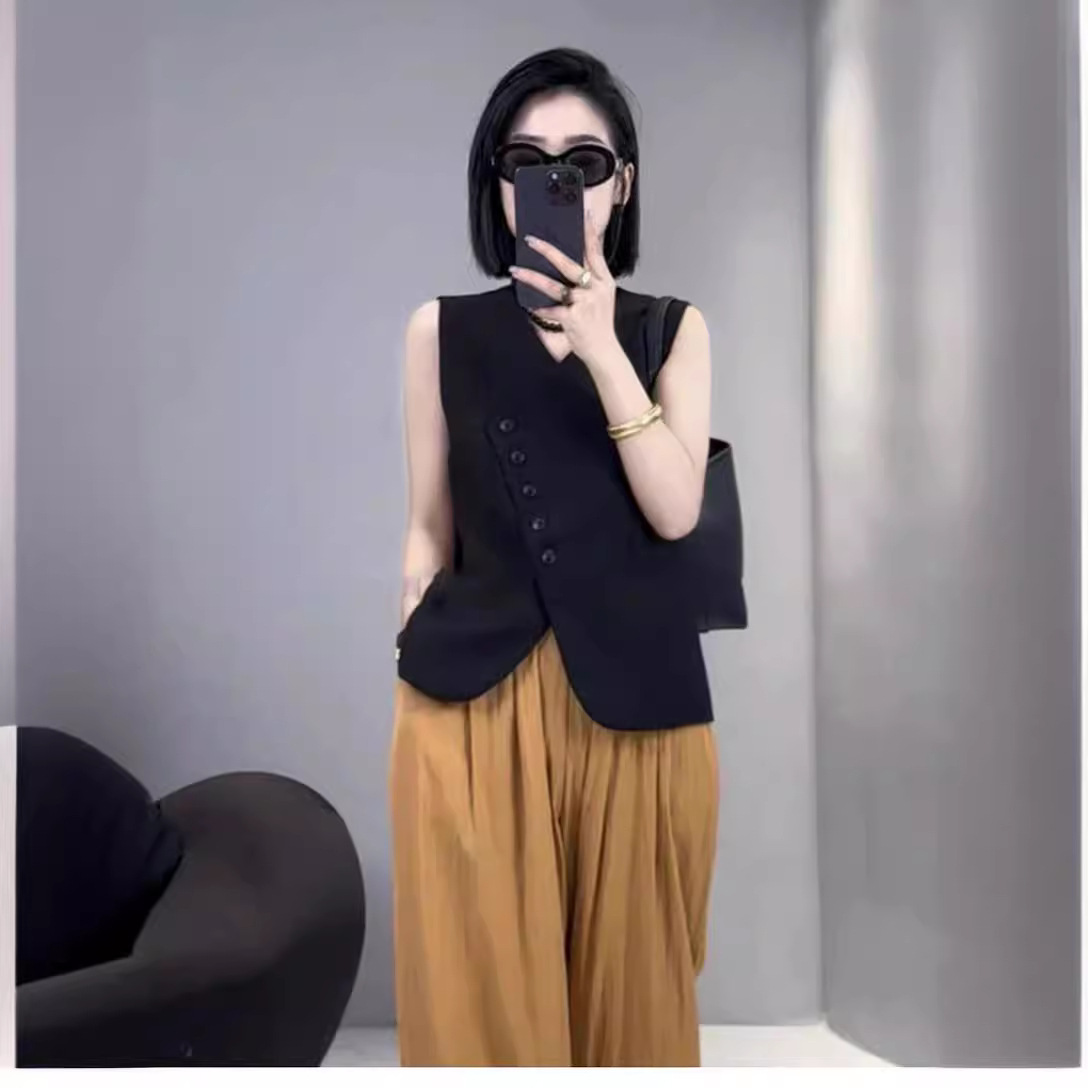 春夏秋v领斜扣西装马甲女秋季短款气质百搭高级感坎肩百搭休闲女