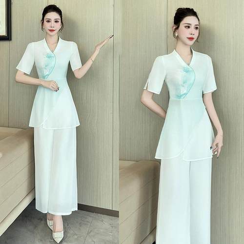 2025春夏新款足疗工作服女装美容院按摩spa养生套装中式渐变-1512