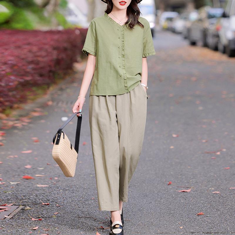 棉麻套装新款女装2024夏款时尚中年妈妈短袖九分裤亚麻薄款两件套