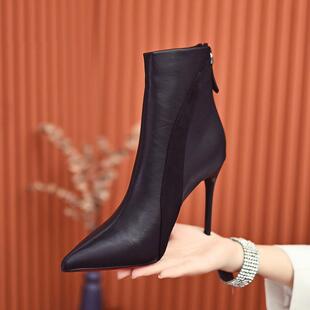 细跟不累脚短靴女2025秋冬新款黑色加绒百搭女士靴子尖头高跟鞋子