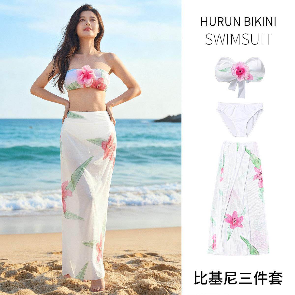 夏日多巴胺海边度假风穿搭绝美泳衣套装立体花朵抹胸比基尼三件套