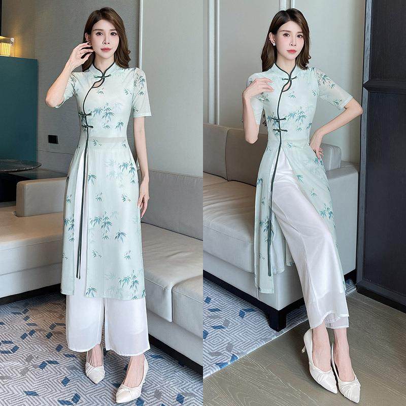 改良旗袍长裙美容师工作服养生足浴足疗技师服套装女新款裤装1517