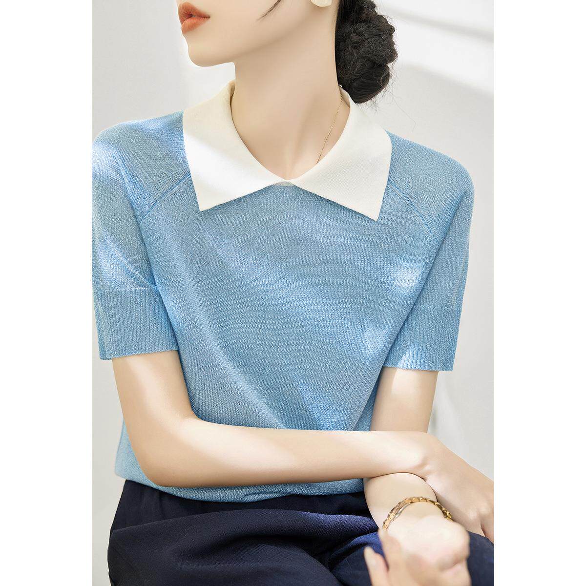 浅蓝色POLO领宽松显瘦短袖针织衫夏季新款拼色翻领气质T恤上衣女