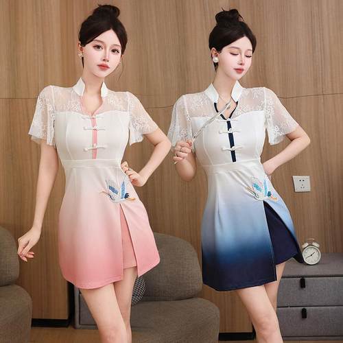 改良旗袍裙美容院工作服女高端美容师足疗会所气质连衣裙足浴工装