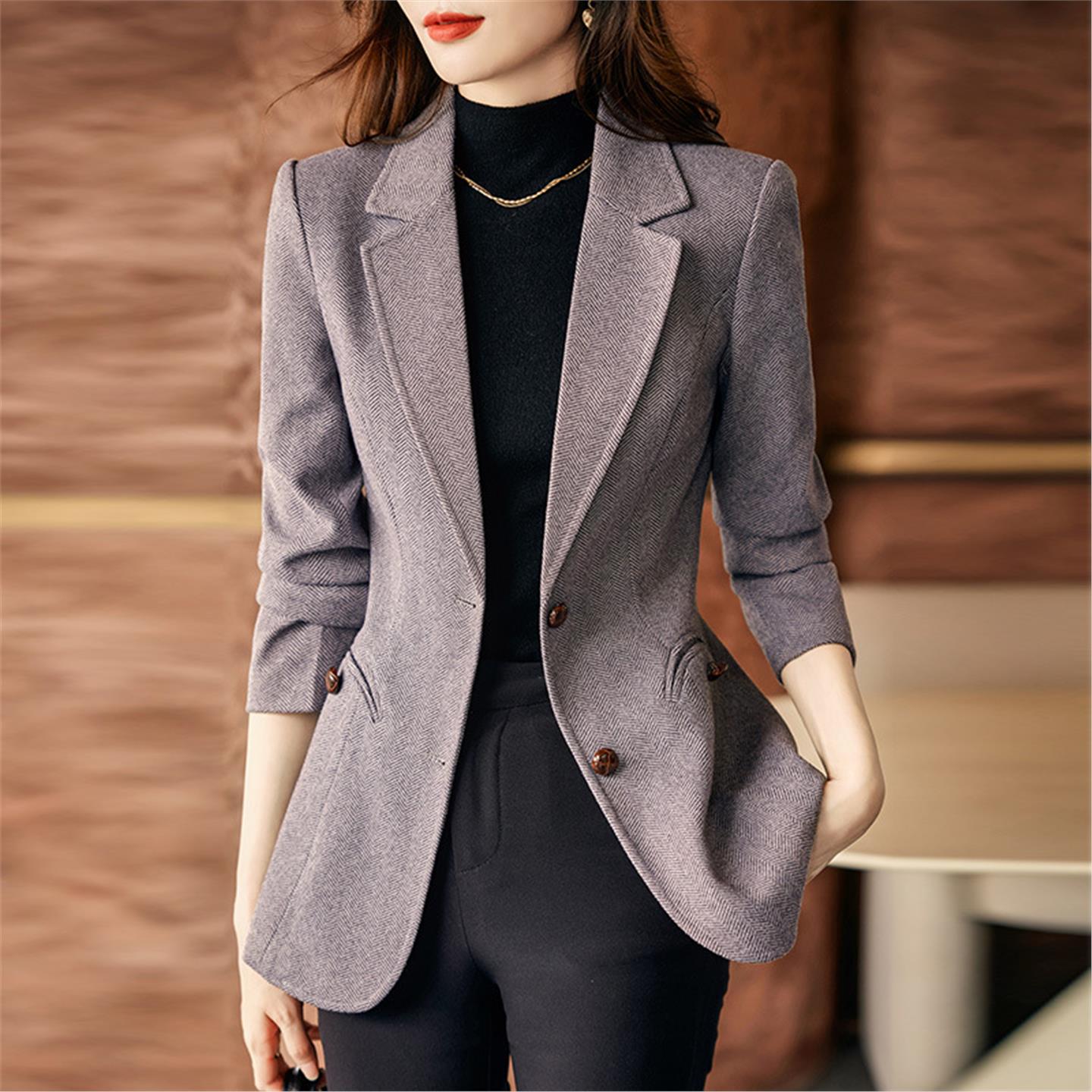 灰色西装外套女春秋季2025新款高级感小个子气质休闲毛呢西服上衣