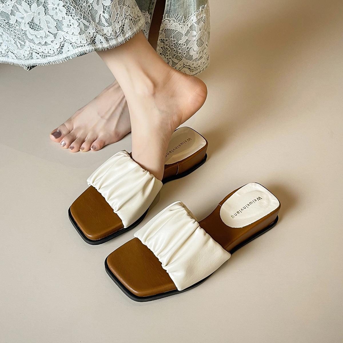 281-7方头褶皱露趾一字拖鞋女夏外穿2025新款厚底凉拖鞋