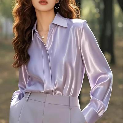 法式气质优雅风浅紫色翻领长袖缎面衬衫女春季款通勤百搭防晒衬衣