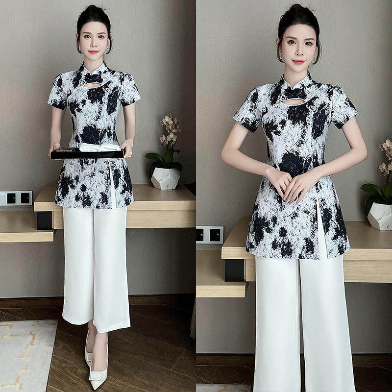 秋冬新款spa采耳推拿会所显瘦套装足浴按摩技师工作服阔腿裤-1393