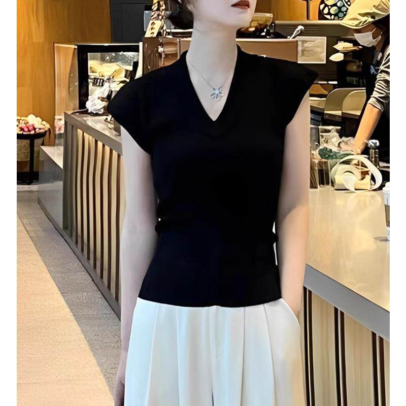 夏季V领莱赛尔天丝短款针织衫女装新款高级感气质收腰短袖t恤上衣