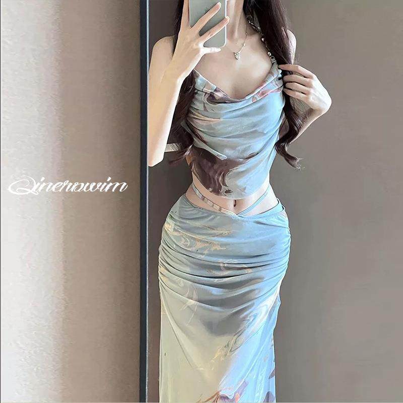 比基尼泳衣女款分体长裙时尚扎染三件套钢托聚拢性感温泉泳衣