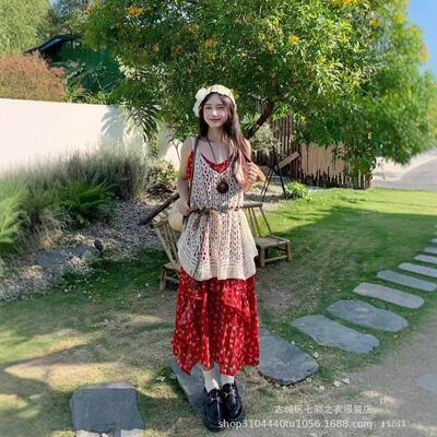 红色叠穿青海新疆草原夏度风假西米亚碎花连衣裙罩衫镂空三件套装