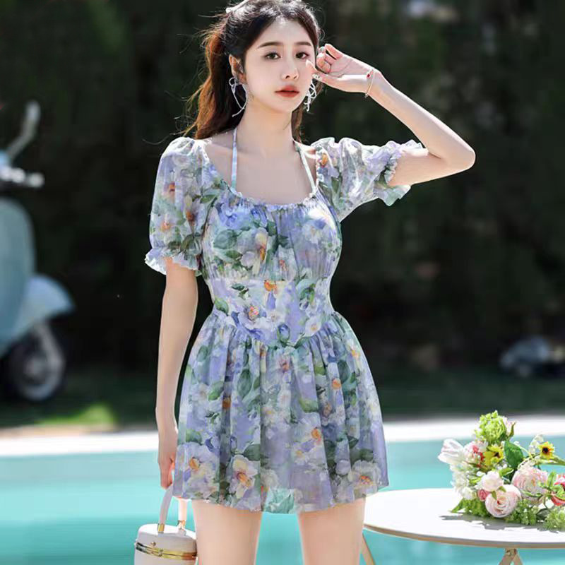 泳衣女款碎花裙式甜美连体新款保守小胸显瘦遮肚温泉度假泳装