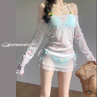 泳衣女款 比基尼甜美性感辣妹沙滩度假温泉泳衣 分体四件套长袖