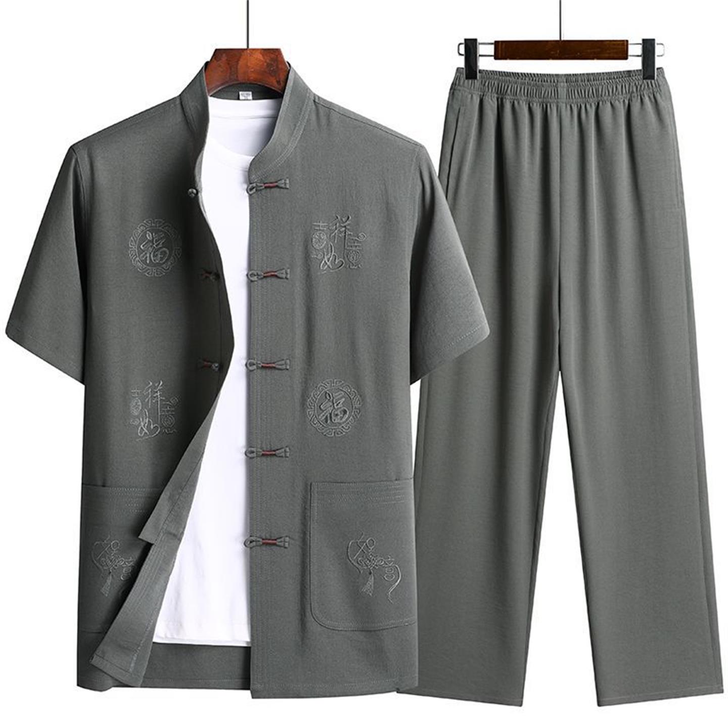 中国风唐装男短袖套装夏装中老年爷爷汉服爸爸男装老年人衣服