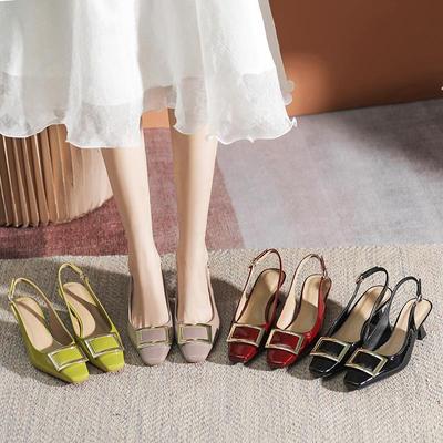 法式小众包头凉鞋2025年新款夏季漆皮方头后空单鞋方扣高跟鞋细跟