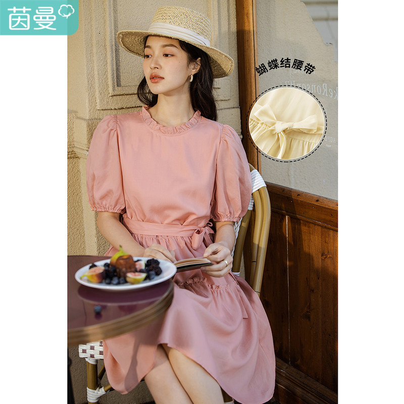 茵曼蝴蝶结连衣裙女夏季2022年新款花边泡泡袖气质长款收腰伞裙子