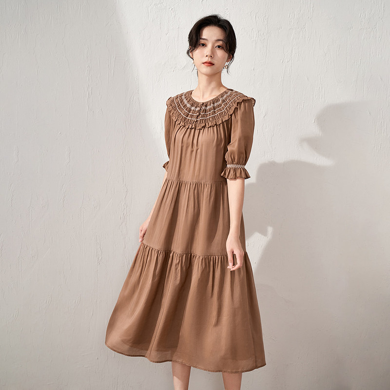 【商场同款】茵曼度假花边连衣裙女士2022年夏季新款花苞袖伞裙子