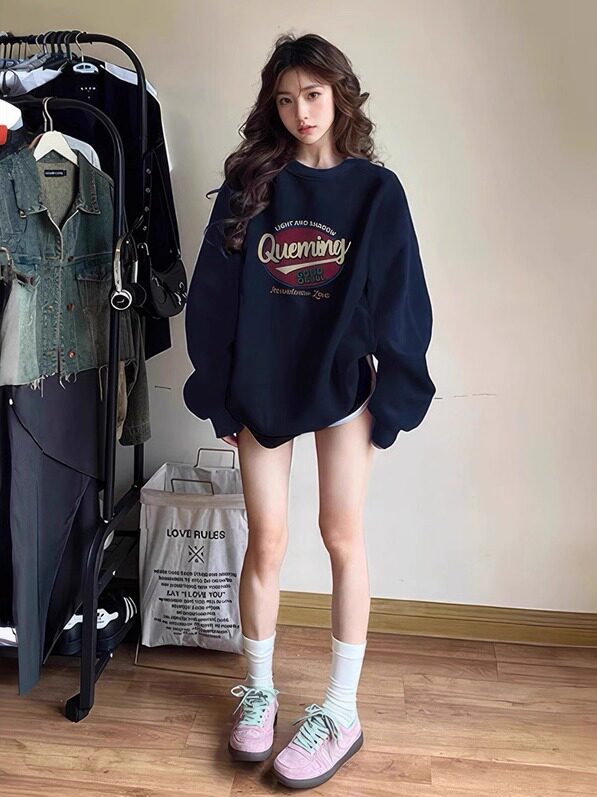 Extremely Good-looking Chic Sweatshirt for Women, Spring and Autumn 2025 New Popular Style, Loose and Lazy Style, Winter Fleece Lined, No Hood