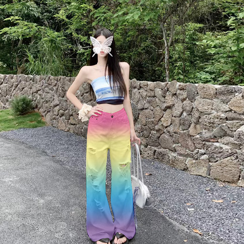 一枚原创设计扎染彩虹破洞牛仔裤女夏季高腰直筒垂感阔腿长裤女裤