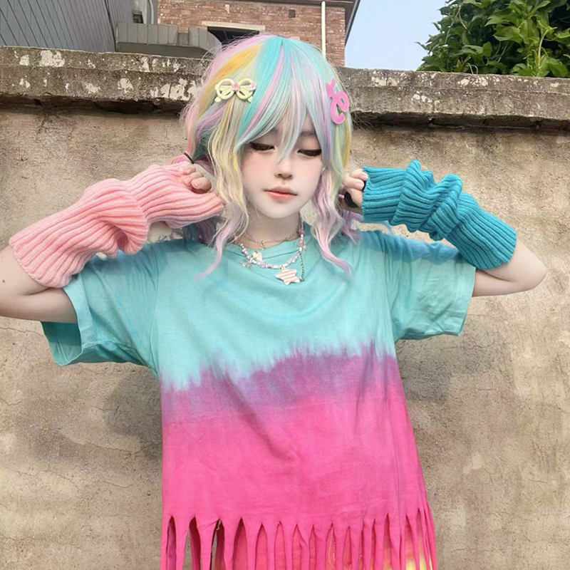原创扎染多巴胺彩虹甜美短袖t恤女宽松纯棉可爱学院风Y2k上衣女图片