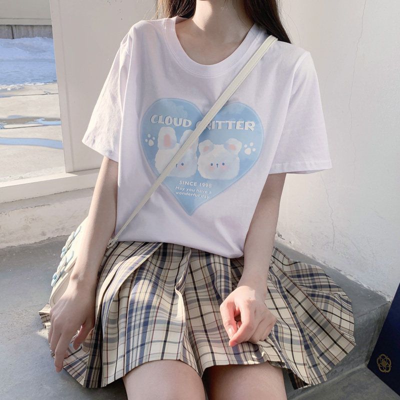 日系原创卡通漫画云朵熊兔夏季可爱软妹甜美宽松全棉短袖t恤女