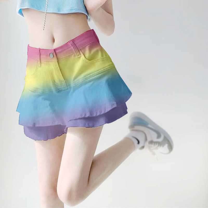 一枚原创扎染彩虹牛仔半身裙女夏季高腰a字蛋糕裙甜美辣妹短裙