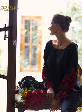 CA BRIDA【红玫瑰】法式桑蚕丝拼蕾丝复古宽松长袖睡衣套装N1001