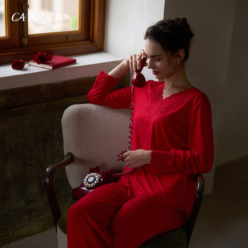 CA BRIDA【红】新品法式明媚红色莫代尔V领长袖睡衣套O1201AB1