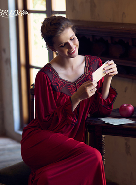 CA BRIDA【鸿运】新品法式复古刺绣花边红色莫代尔家居睡裙N1201