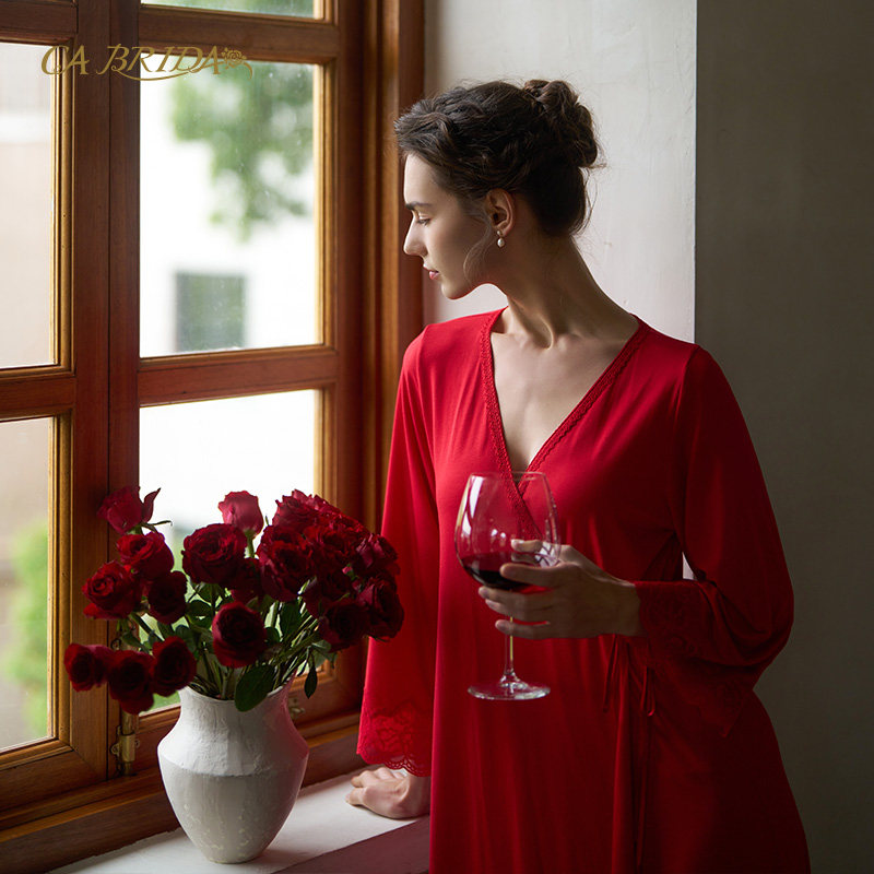 CA BRIDA【红】法式明媚红色莫代尔斜襟系带晨褛睡袍O1201,女士内衣/男士内衣/家居服,睡袍/浴袍,淘宝优惠券,粉丝福利购,淘宝优惠卷