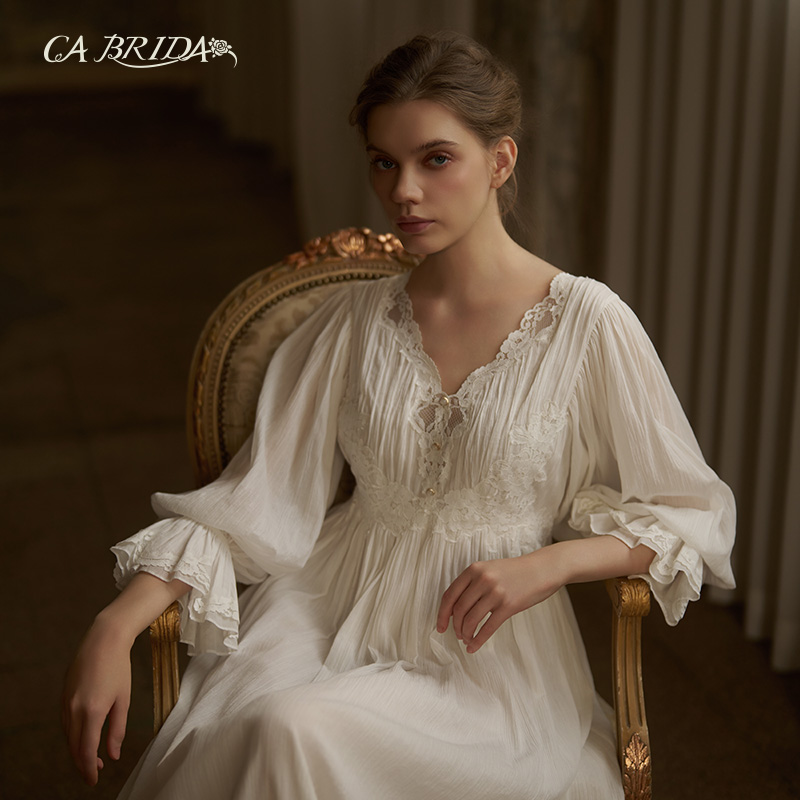 CABRIDA【洛可可公主】法式复古宫廷风提花皱棉居家睡裙P801C1
