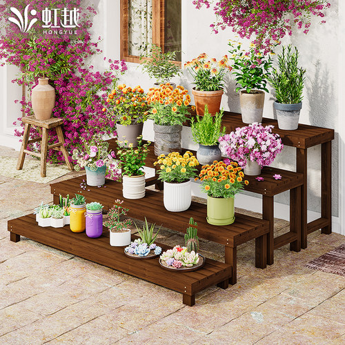 防腐木阶梯花架实木花店展示架