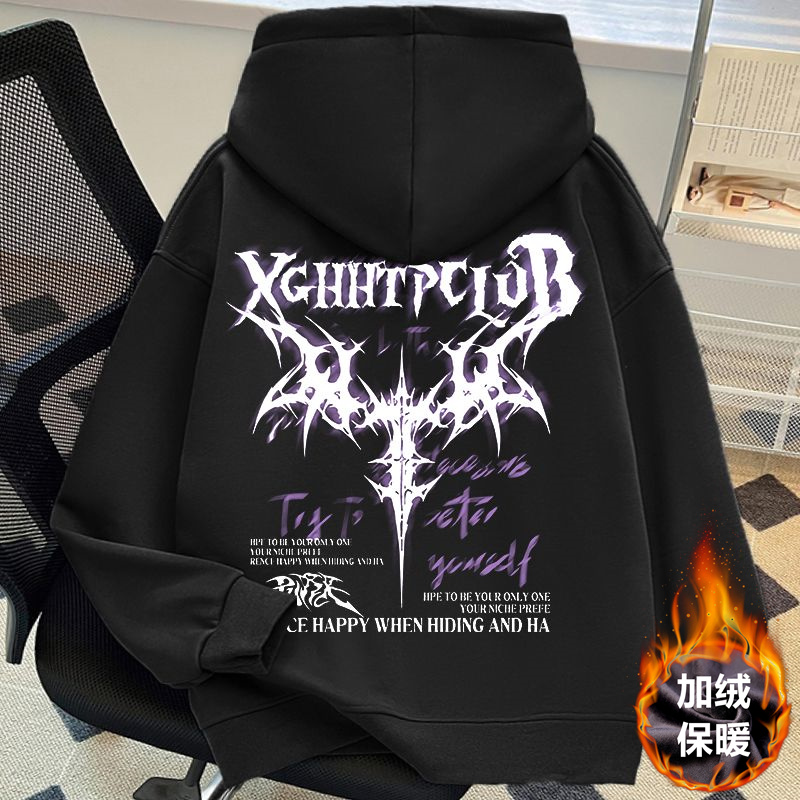 美式复古高街潮牌十字架印花连帽卫衣男秋冬季宽松加绒加大码外套